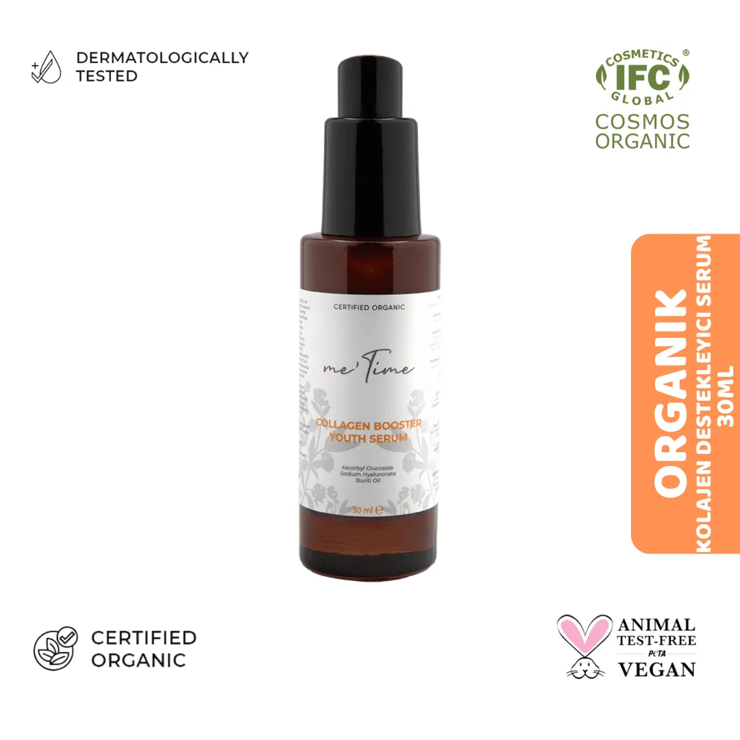 Me Time Organik Kolajen Destekleyici Serum | C Vitamini & Hyaluronik Asit, Collagen Booster 30ml ürün ambalajı